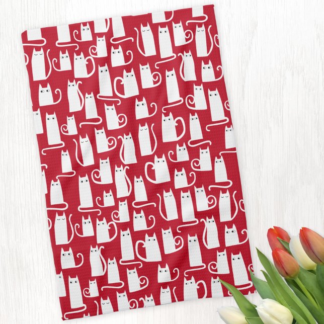 Paño De Cocina Rojo y blanco de gato curado (Red and white cat pattern kitchen towel)