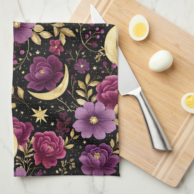 Paño De Cocina Romance Oscuro Luna Celestial Morado Dorado (Doblado Cuarto)