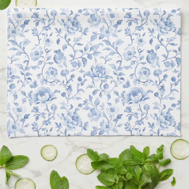 Paño De Cocina Romantic Blue White Floral Bridal Shower (Doblado)
