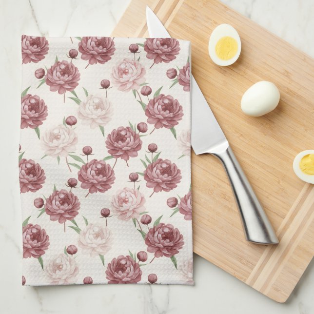 Paño De Cocina Romantic Blush & Burgundy Peony Floral Pattern (Doblado Cuarto)