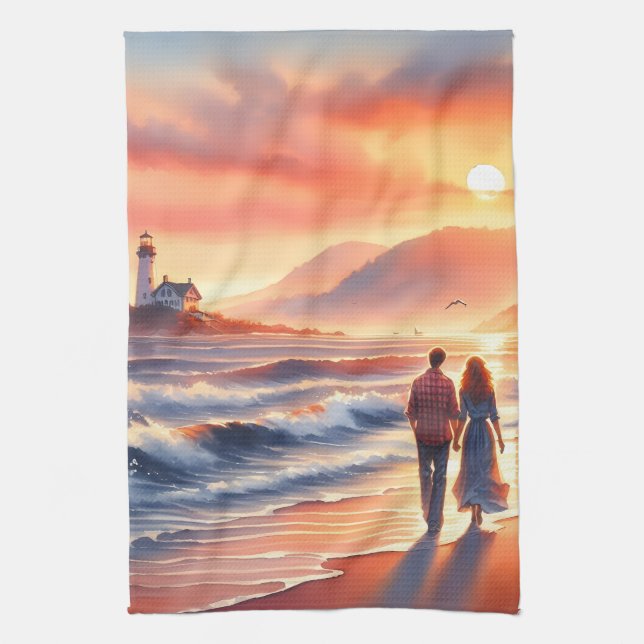Paño De Cocina Romantic Coastal Sunset Lighthouse Walk (Vertical)