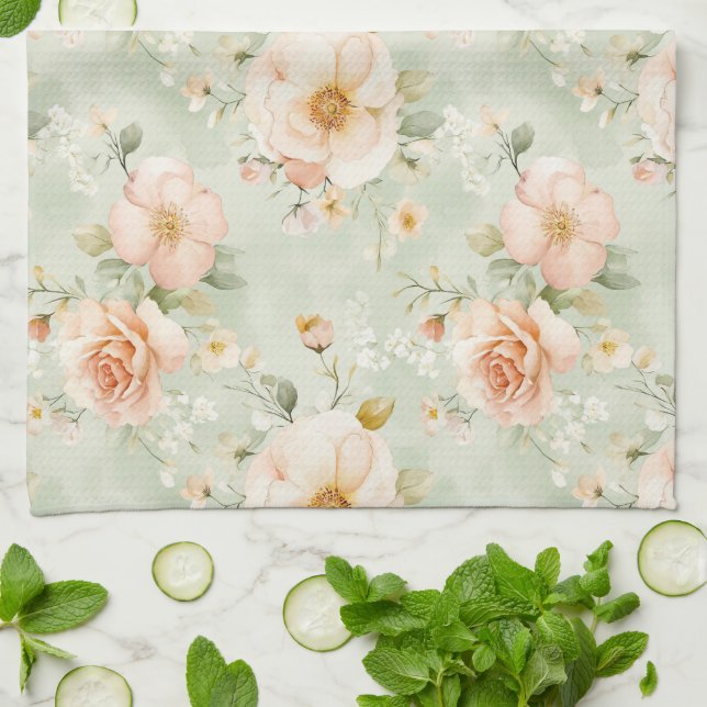 Paño De Cocina Romantic Peach Mint Pretty Roses Floral (Doblado)