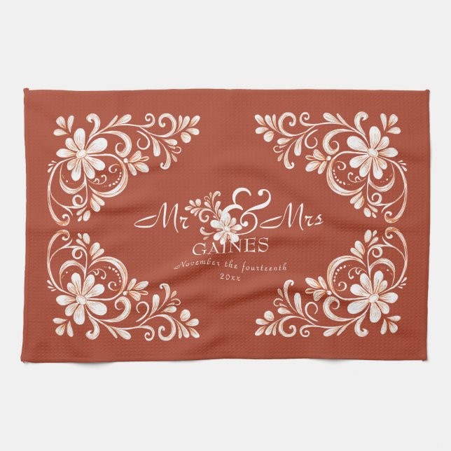 Paño De Cocina Romantic Shabby Chic Red Rust Sr Sra. Newlyw (Horizontal)