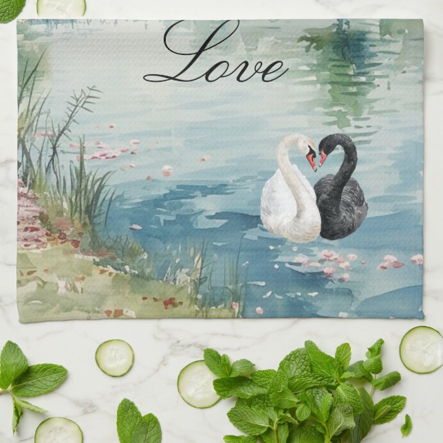 Paño De Cocina Romantic Swans Lake Love (Doblado)