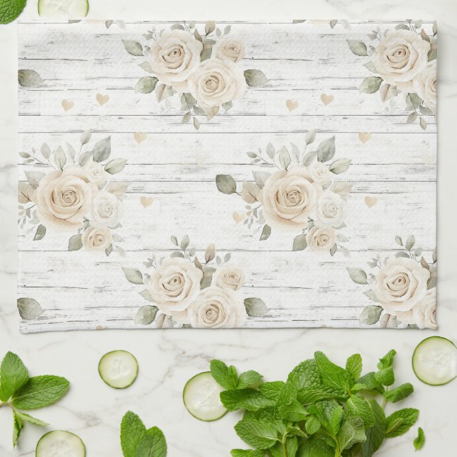 Paño De Cocina Romántico Crema Floral Blanca Boho Bridal Shower (Doblado)