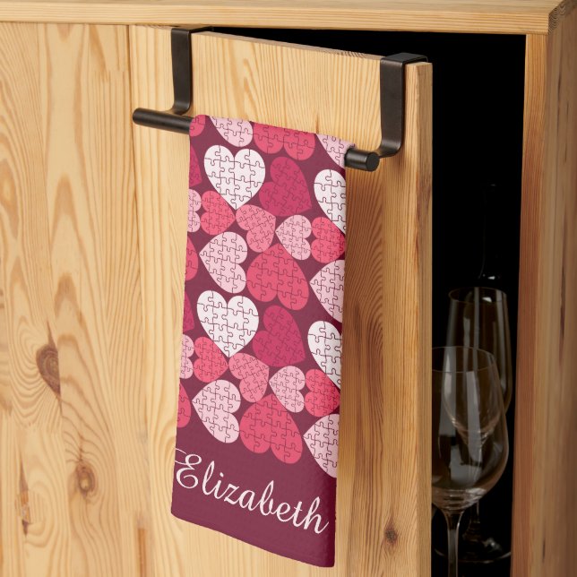 Paño De Cocina Romántico Patrón cardíaco de rompecabezas rojo y r (Pliegue de tercios)