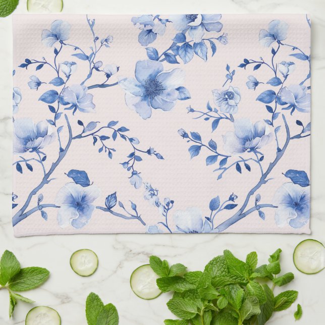 Paño De Cocina Romántico Rubor Blue Floral Bridal Shower (Doblado)