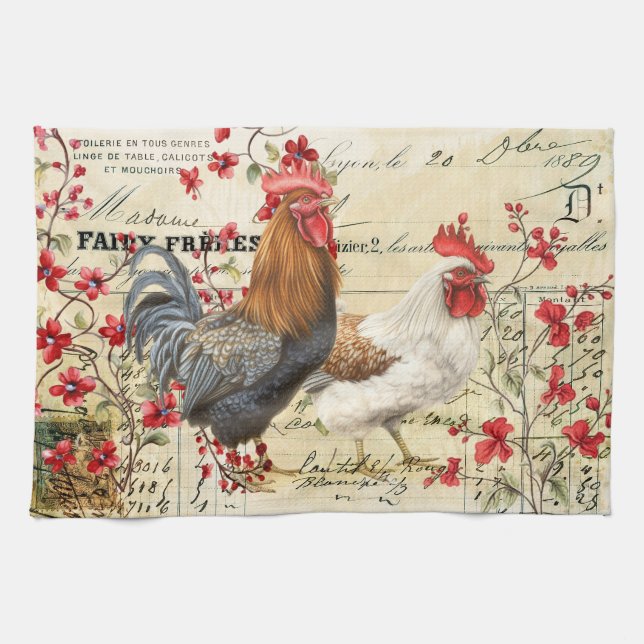 Paño De Cocina Rooster de época y Hen Ephemera (Horizontal)