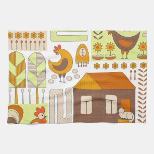 Paño De Cocina Rooster, gallinas, dibujo floral geométrico.