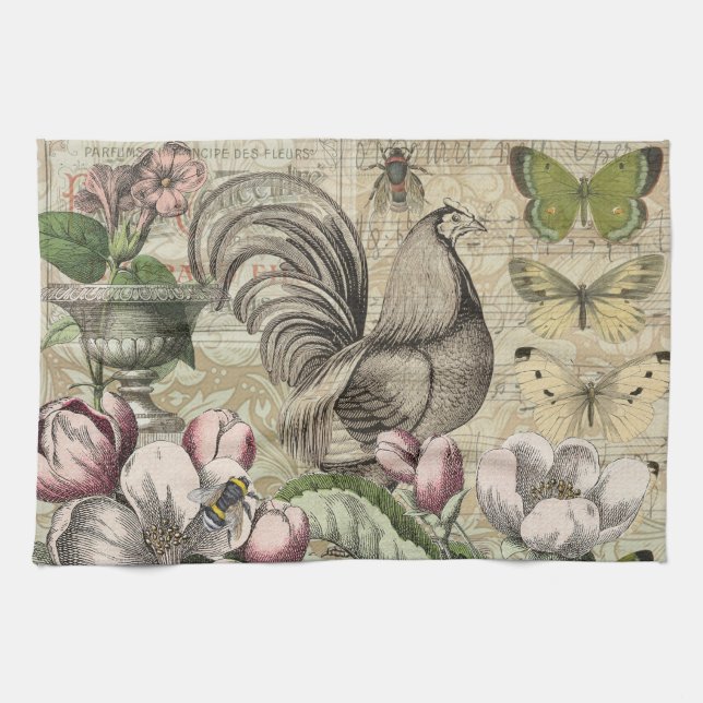 Paño De Cocina Rooster Garden Flower Butfly Art (Horizontal)