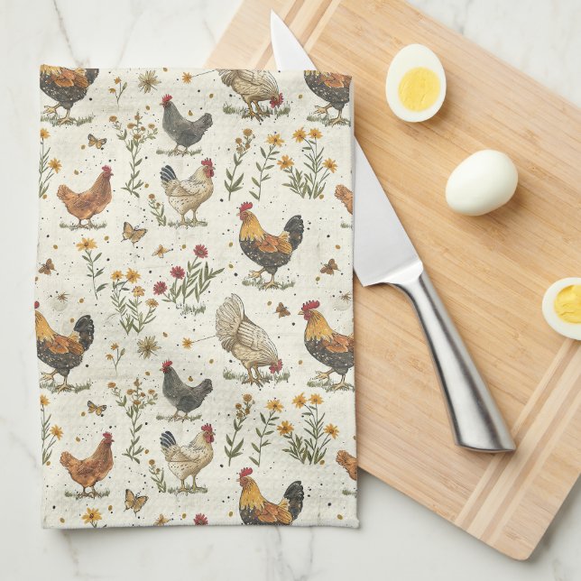 Paño De Cocina Rooster hens casa de campo beige retro (Doblado Cuarto)