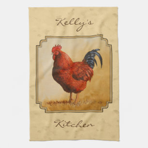 Paño De Cocina Rooster Rojo de Rhode Island Fondo Amarillo