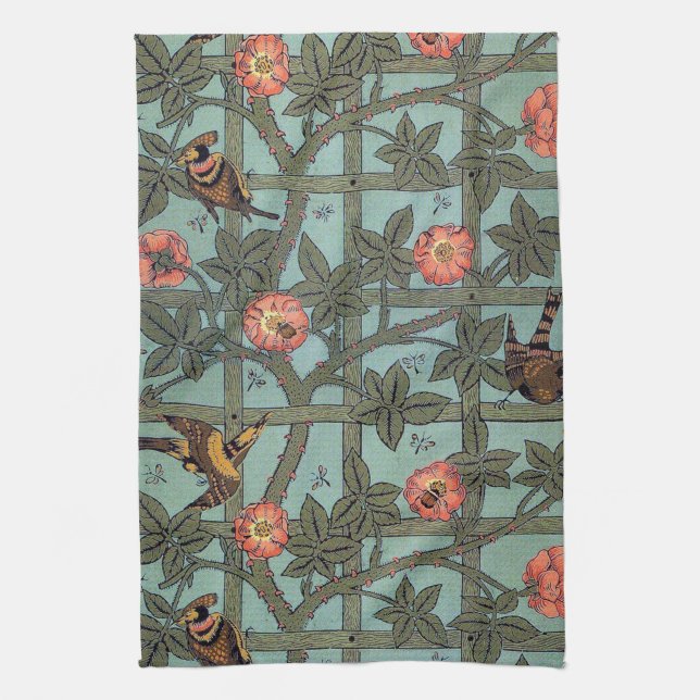 Paño De Cocina Rosa de escalada y pequeño pájaro, William Morris (Vertical)