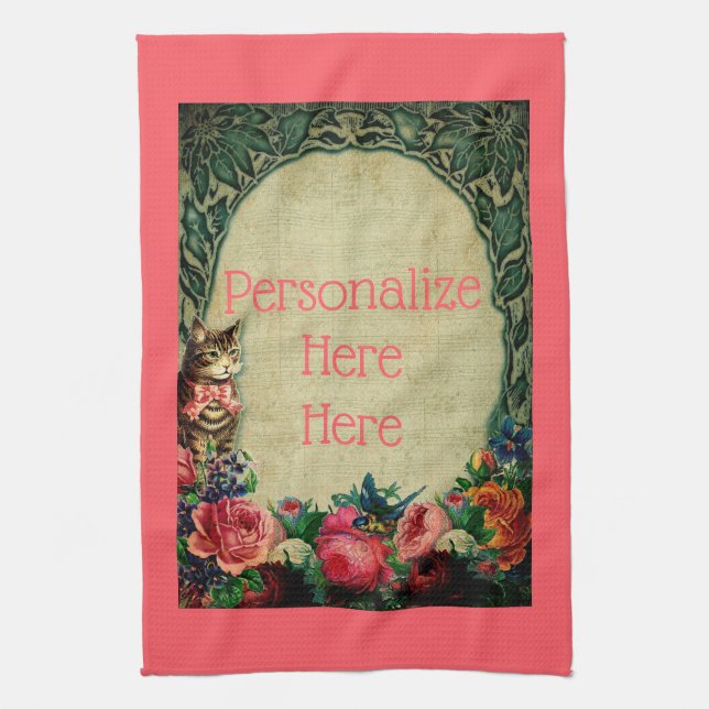 Paño De Cocina Rosa de música de chapa y gato victoriano de vinta (Vertical)