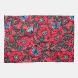 Paño De Cocina Rosa de perro y mariposas en rojo y azul