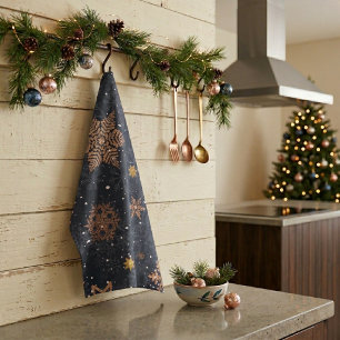 Paño De Cocina Rosa dorado moderno y elegante copos de nieve gris