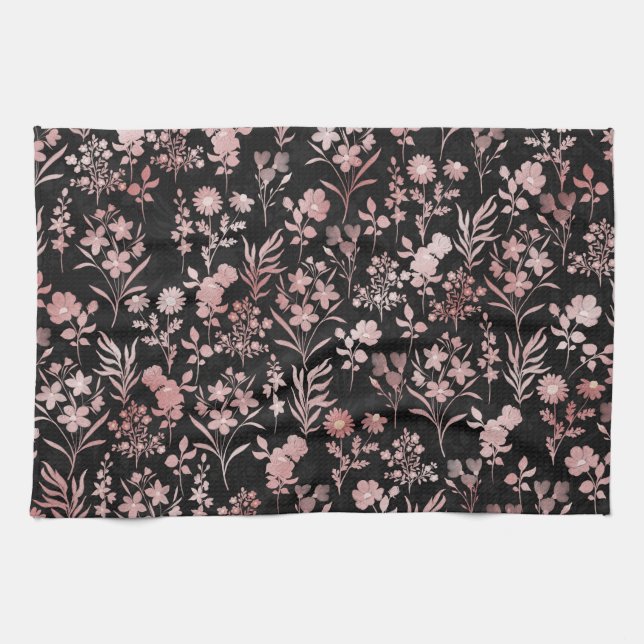 Paño De Cocina Rosa elegante Flores de oro Negro Botánico (Horizontal)