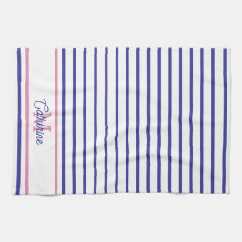 Paño De Cocina Rosa Elegante y Raya Azul Marino Monograma Simple
