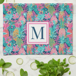 Paño De Cocina Rosa Preparado Azul Marino Teal Piña Monograma