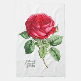 Paño De Cocina Rosa roja antigua - Tu elección de texto