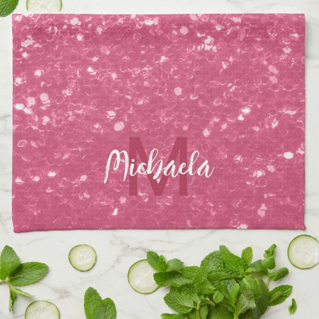 Paño De Cocina Rosa rosa claro chispas purpurina Monograma (Doblado)