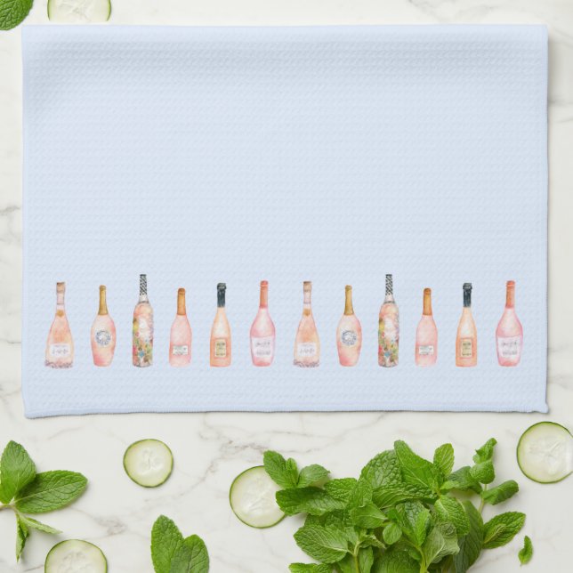 Paño De Cocina Rosa rosado botella de vino ilustracion acuarela (Doblado)