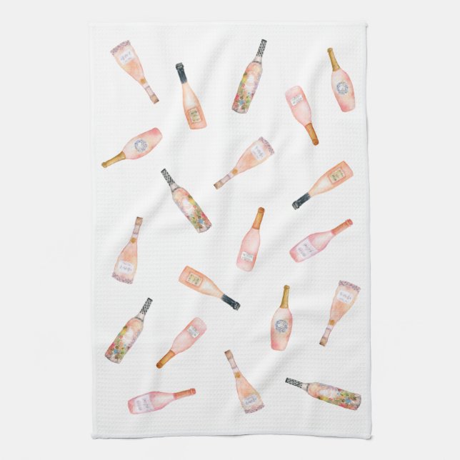 Paño De Cocina Rosa rosado botella de vino ilustracion acuarela (Vertical)