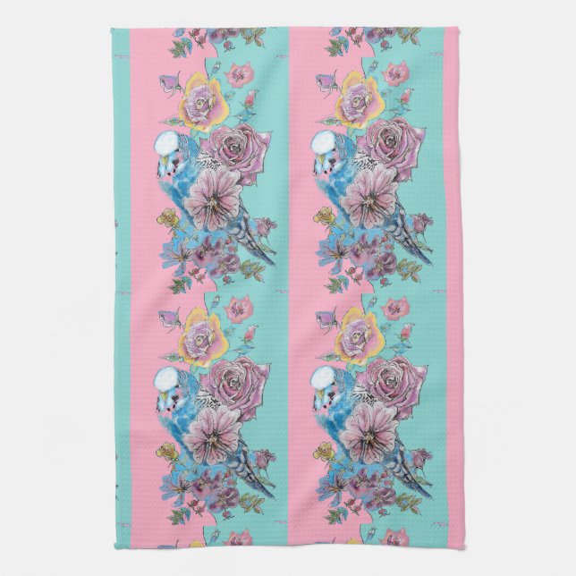Paño De Cocina Rosa Rosas florales Budgie Bird Womans Pink Aqua (Vertical)