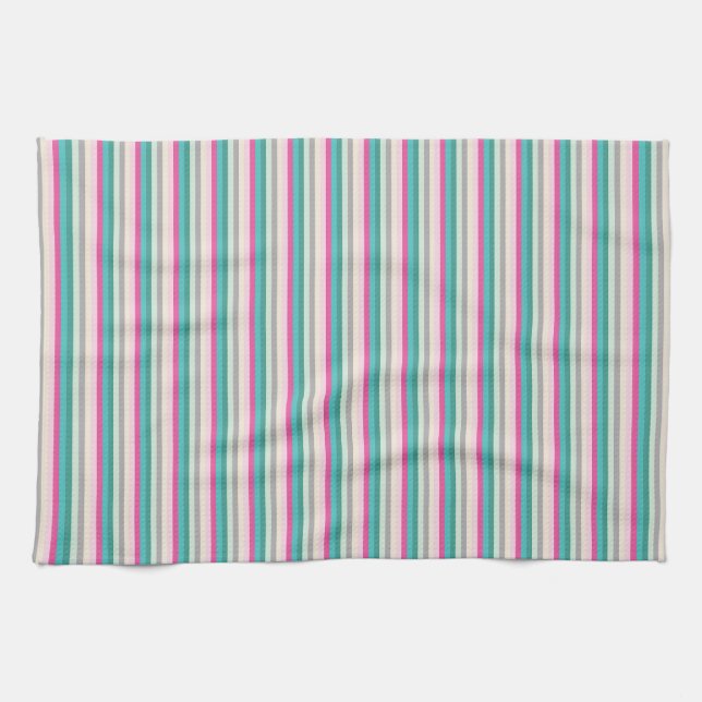 Paño De Cocina Rosa Verde azulado y gris a rayas (Horizontal)