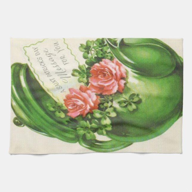 Paño De Cocina Rosa verde de Tetera Shamrock St Patrick (Horizontal)