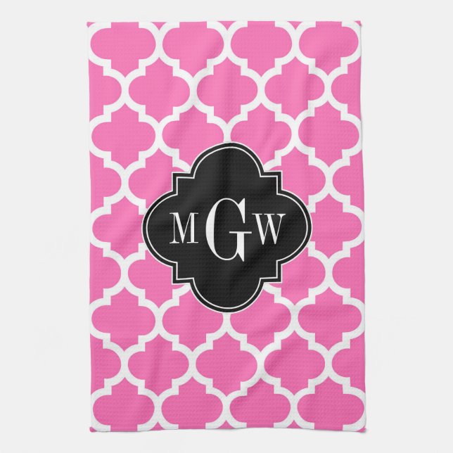 Paño De Cocina Rosado Caliente Con Marroquí #5 Negro 3 Monograma  (Vertical)