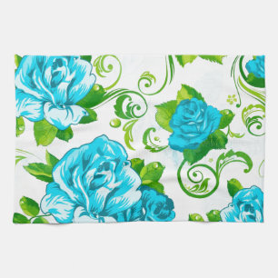 Paño De Cocina Rosas azules fondo blanco