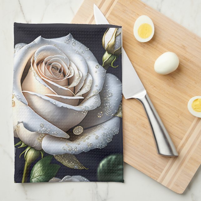 Paño De Cocina Rosas blancas preciosas con detalles dorados (Doblado Cuarto)
