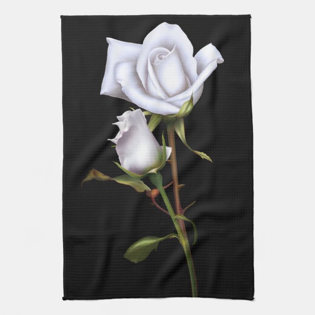 Paño De Cocina Rosas Blancas Románticas Elegante Glam Floral Negr (Vertical)