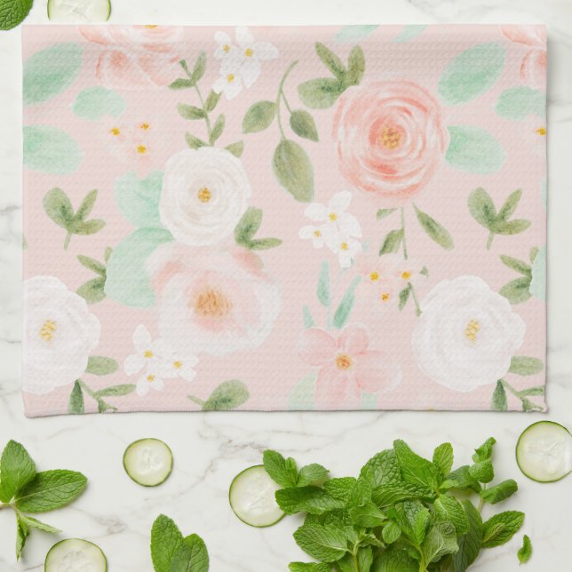 Paño De Cocina Rosas de acuarela florecen en rosa y rosa (Doblado)
