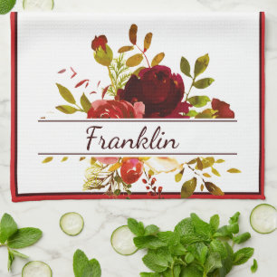 Paño De Cocina Rosas de acuarela rojas y burdeos personalizadas