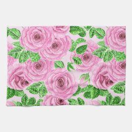 Paño De Cocina Rosas de acuarela rosa con hojas y brotes