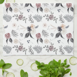 Paño De Cocina Rosas de color de agua pastel Hojas grises