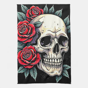 Paño De Cocina Rosas de cráneo Tattoo Art