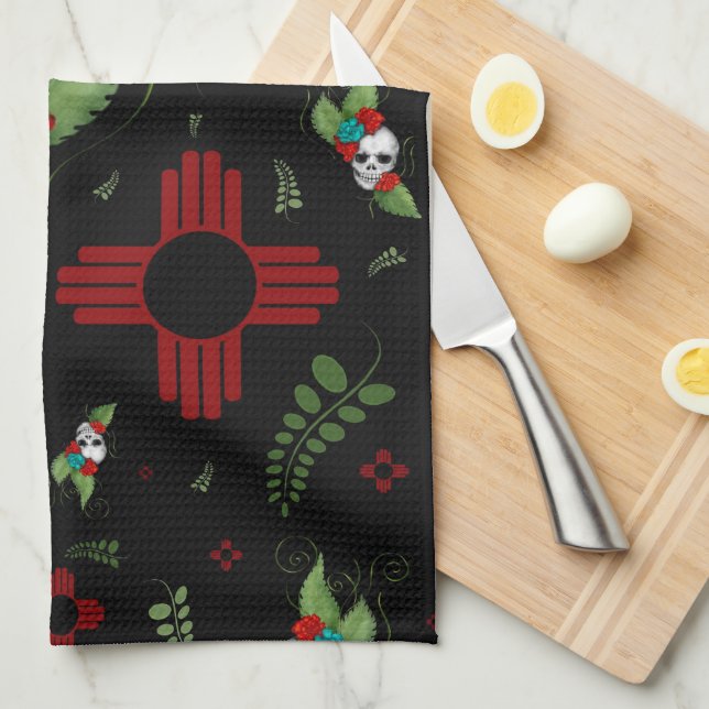 Paño De Cocina Rosas de cráneo Zia Sun Greenery Nuevo México Negr (Doblado Cuarto)
