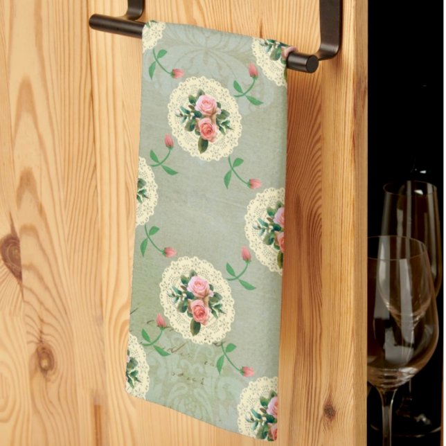 Paño De Cocina Rosas de la época Doilis Damasco Verde Humeante (Vintage charm with this pretty kitchen towel.)