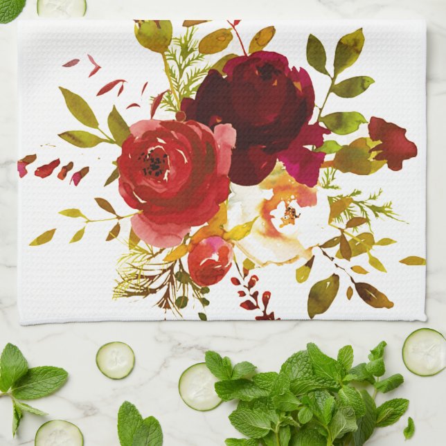 Paño De Cocina Rosas de las acuarelas rojas y de Borgoña (Doblado)
