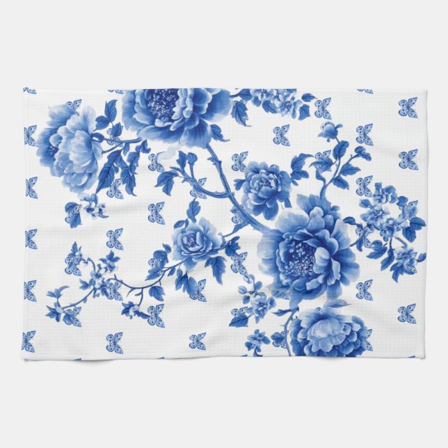 Paño De Cocina Rosas de mariposa azul de Chinoiserie (Horizontal)