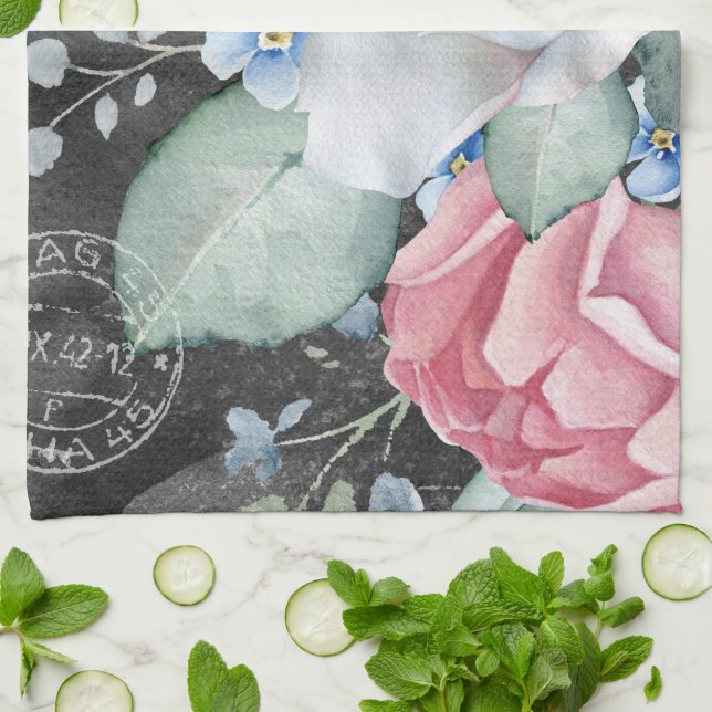 Paño De Cocina Rosas de Watercolor Chalkboard (Doblado)