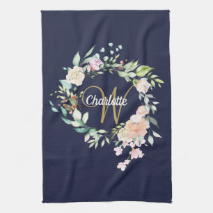 Paño De Cocina Rosas Floral Dorado Monograma Azul Marino