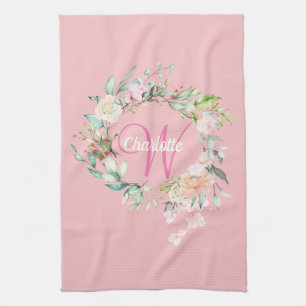 Paño De Cocina Rosas Modernas Monograma de Inicial en Script Rosa