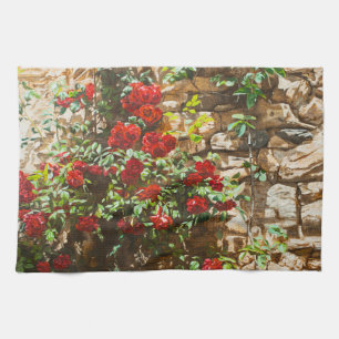 Paño De Cocina Rosas Rojas Contra un Muro de Piedra