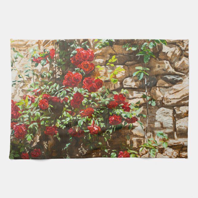 Paño De Cocina Rosas Rojas Contra un Muro de Piedra (Horizontal)