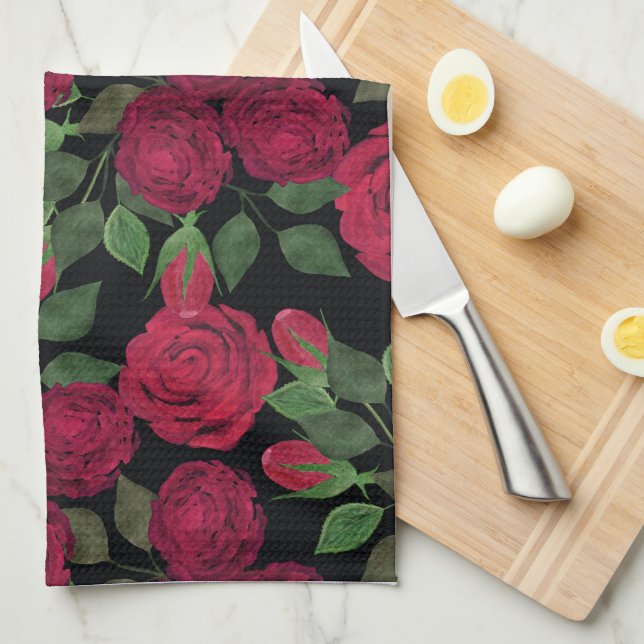 Paño De Cocina Rosas rojas en negro. (Doblado Cuarto)