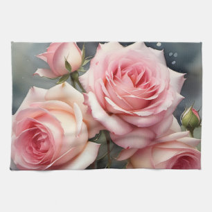 Paño De Cocina rosas rosa claro bonito jardín acuarela pintura